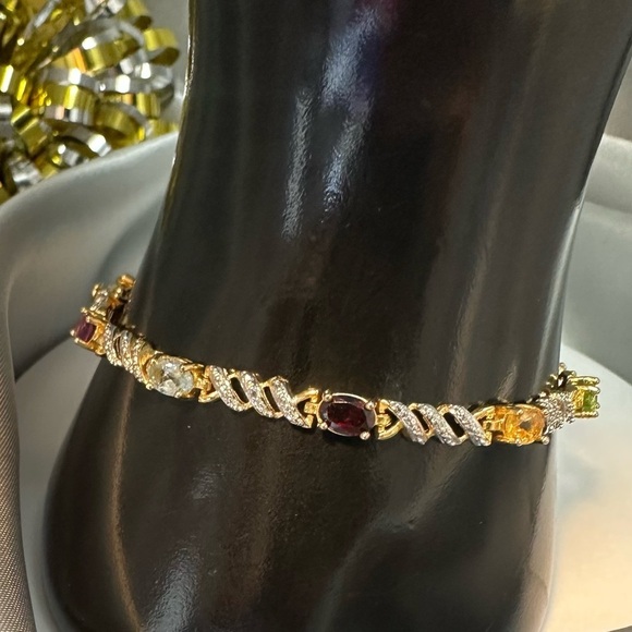 925 Sterling Silver Two-Tone Multi-Gemstone Hinged Bangle Bracelet - Picture 1 of 17